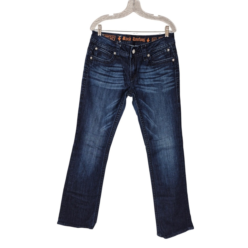 Rock Revival Heather Bootcut Jeans Dark Wash Fleur De Lis Sequins‎ Size 32